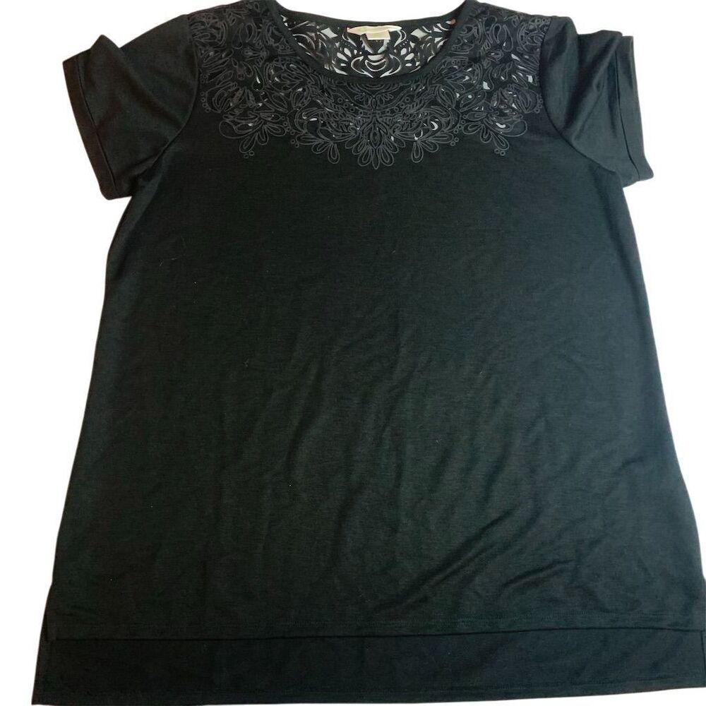 C. Wonder Black Laser Cut Lace Mesh Yoke‎ Short Sleeve Knit Top XL LLT3409S